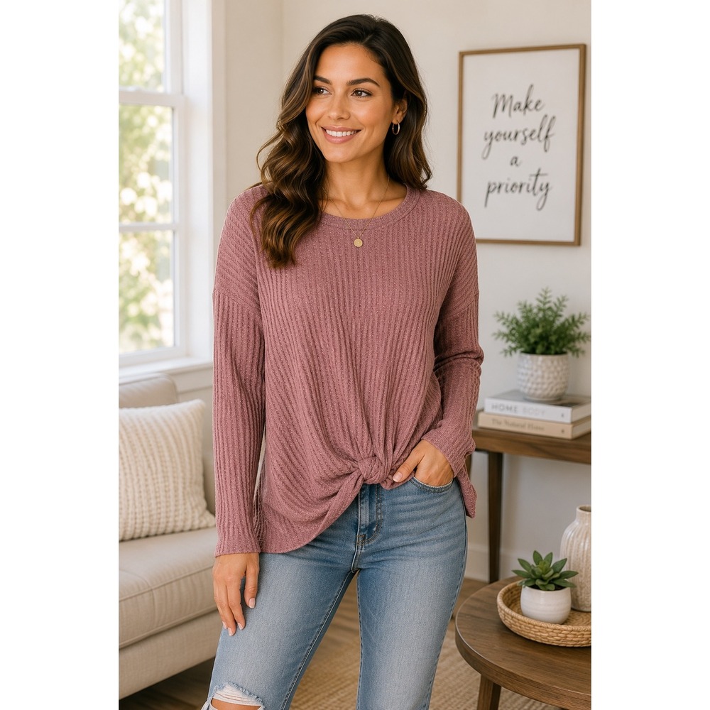 MIHOLL Waffle Knit Twist Front Top Mauve Pink Long Sleeve Crew Neck Medium
